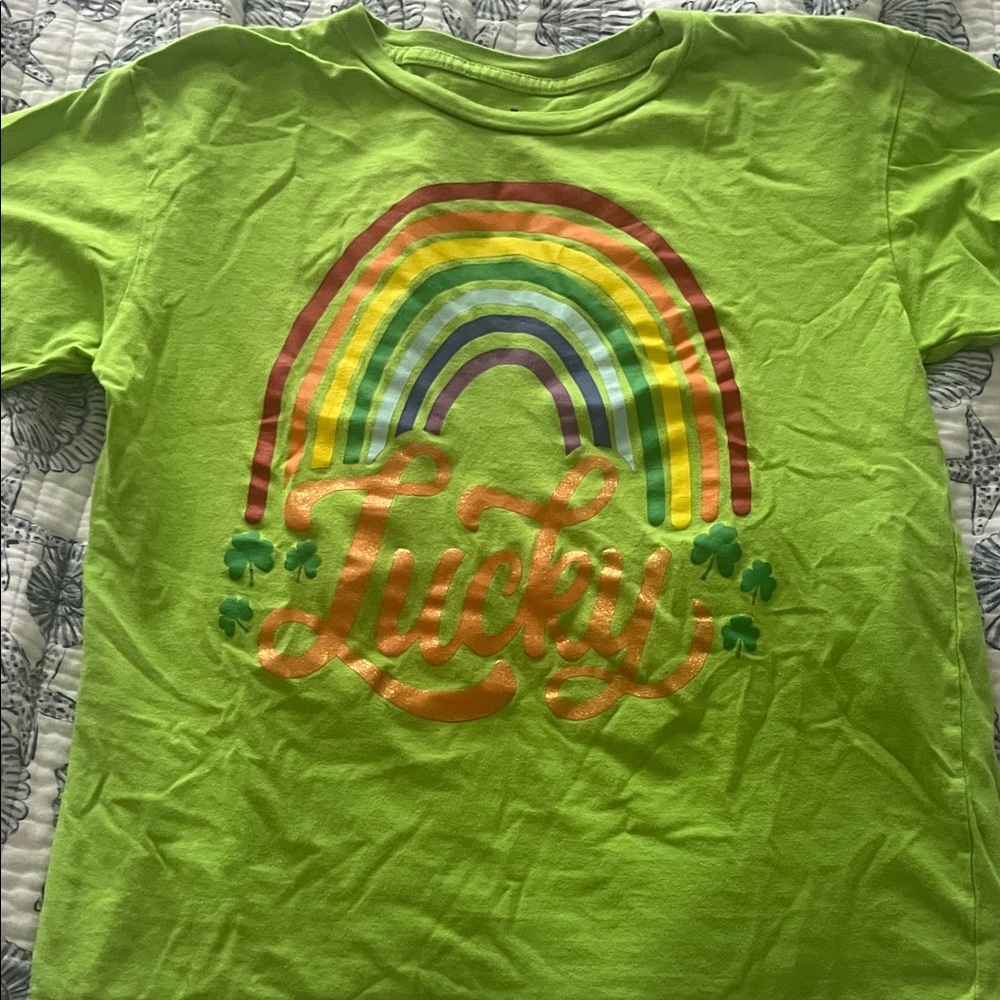 Old Navy Green and Red Short Sleeve Tee with Retro Rainbow Design